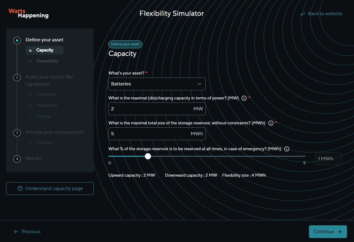 Screenshot of the module allowing to simulate your earnings if using your assets for a suitable flexible product. The screenshot shows the first screen when you can define the asset and the capacity of flex available.
